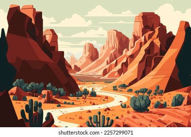 illustration of grand canyon. Desert landscape with mountains and river. in flat style Vector 