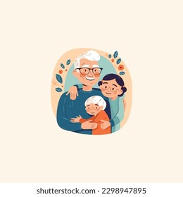 illustration of grand grandson hugging his grandparents. Grandparents' Day . modern flat color 