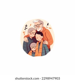 illustration of grand grandson hugging his grandparents. Grandparents' Day . modern flat color 