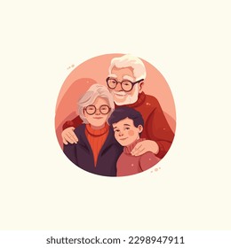 illustration of grand grandson hugging his grandparents. Grandparents' Day . modern flat color 