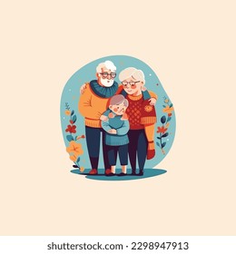 illustration of grand grandson hugging his grandparents. Grandparents' Day . modern flat color 