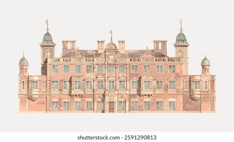 Illustration of a grand historic building with ornate architecture. The building features towers, detailed facades, and classic design elements. Vintage art painting vector.