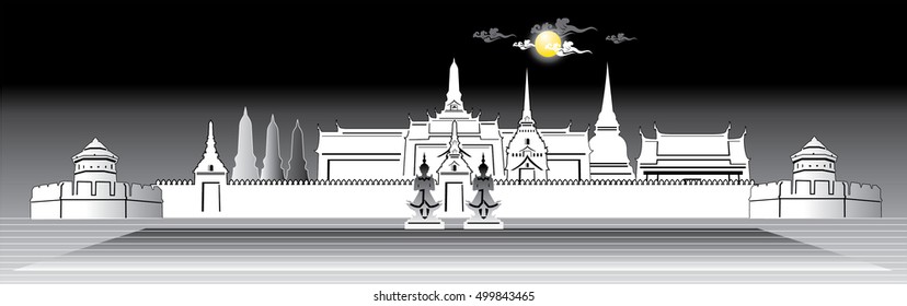 The illustration of Grand palace Thailand in black and white on full moon night.