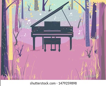 Illustration of a Grand Piano in the Middle of the Forest, Park or Garden
