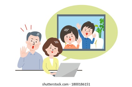 Illustration of grandfather and grandmother making a video call with grandson