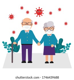 illustration of grandfather and grandmother in the middle of a virus pandemic