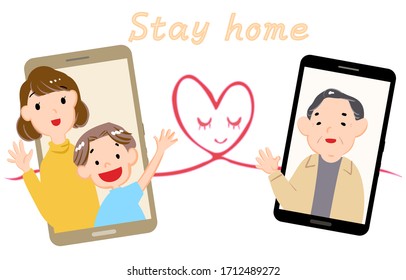 Illustration of grandfather and grandson making video call on smartphone