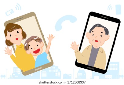 Illustration of grandfather and grandson making video call on smartphone