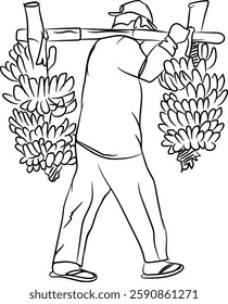 Illustration of a grandfather lifting freshly cut bananas