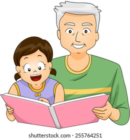 Illustration of a Grandfather Reading a Book to His Granddaughter