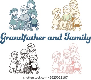 Illustration of a grandfather in a wheelchair and his family