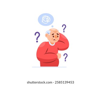 illustration of a grandfather who has memory problems. forget and confused. troubled mind. symptoms of amnesia, Dementia, memory disorders. health problems. flat style character design. elements