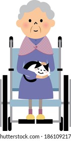 It is an illustration of a grandma sitting in a wheelchair holding a cat.