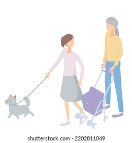 It is an illustration of a grandmother and a grandchild who take a walk with a pet dog.