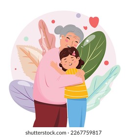 Illustration with a grandmother and granddaughter embracing. Family visit, family union concept illustration.