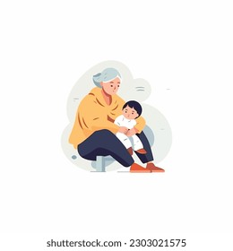 illustration of Grandmother holding grandson in her lap.