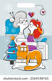 Illustration of grandmother hugging granddaughter and cat in cute cartoon style.