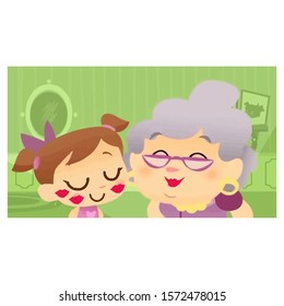 illustration of a grandmother kissing her granddaughter