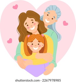 Illustration with grandmother, mother and daughter in flat cartoon style for Mother's Day holiday in gentle colors