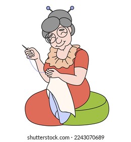 Illustration of a grandmother sews with a needle