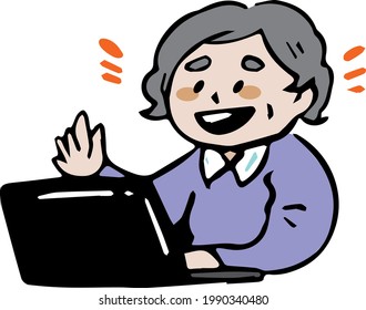 Illustration of grandmother using a computer
