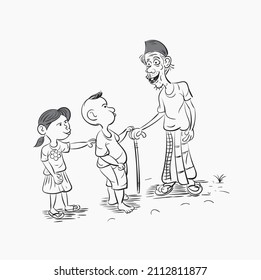 illustration of grandpa in asia with kids.