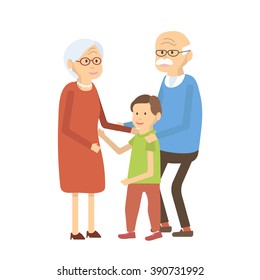 Illustration of grandparents and grandchild / Vector illustration happy grandparents with little boy grandson / Grandparents' Day / Vector illustration old couple with boy / Happy family flat design