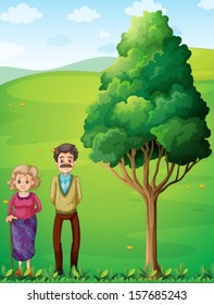 Illustration of the grandparents at the hilltop near the tree