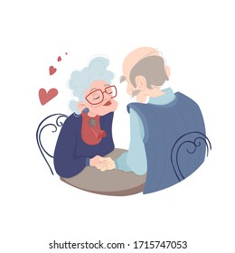 illustration "grandparents in love". Old lovers sit at a table and gently hold hands. Self-isolation together. A man and a woman love each other, family values. Vector drawing in a flat style. 