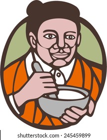 Illustration of granny chef, cook or baker holding mixing bowl set inside oval shape on isolated background done in woodcut linocut style.