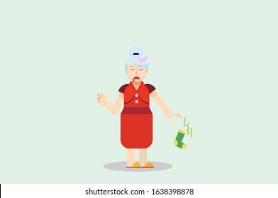 An illustration of a granny using a red dress picking up smelly sock. A vector of unique character illustration, this illustration can use as a sticker also. 