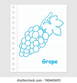 Illustration of Grape Cartoon on paper sheet with lines, Margin and holes-Vector illustration
