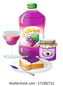 Illustration of the grape juice, jam and sandwich on a white background