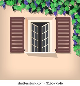 Illustration of grape vine and window with shutters
