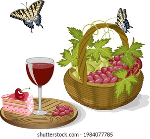 Illustration with grapes in a basket.Glass on a stand and grapes in a basket in color vector illustration.