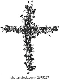 Illustration of grapes, flowers and ivy in a crucifix design element.  File contains no gradients.