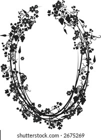 Illustration of grapes, flowers and ivy in an oval design element.  File contains no gradients.