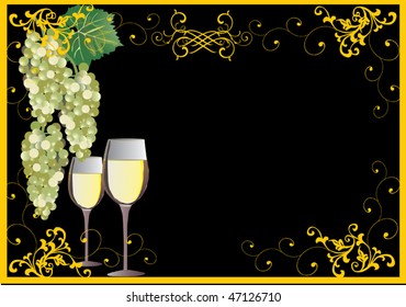 Illustration with grapes and glasses on black background