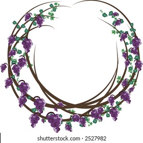 Illustration of grapes and ivy in a frame design element.  File contains no gradients.