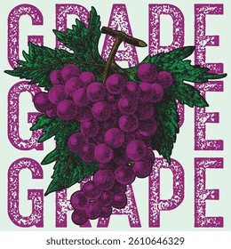 illustration of grapes and leaves, rendered in a pop art style, against a light background with the word "GRAPE" repeated in a grid pattern. The grapes are depicted with a rich purple color, while the