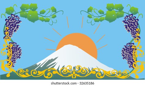 Illustration with grapes, mountain and sun