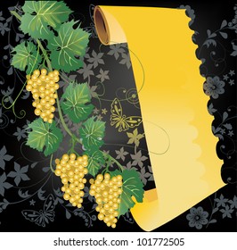 Illustration with grapes and scroll on dark background