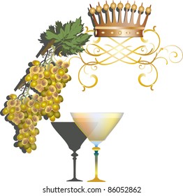 Illustration with grapes and wine glass on white background