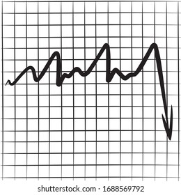 Illustration of a graph of a falling economy. Black and white pictogram. Coronavirus crisis. EPS 10 sticker. Isolated outline. Coloring book. News