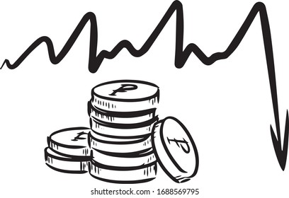 Illustration of a graph of a falling economy. Black and white pictogram. Coronavirus crisis. EPS 10 sticker. Isolated outline. Coloring book. News