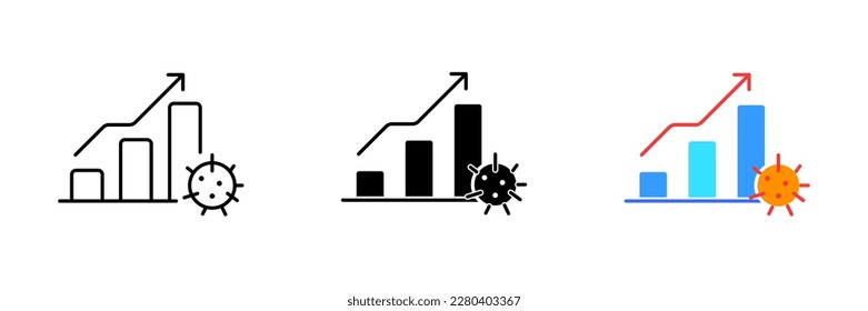 An illustration of a graph with an upward arrow and a virus icon, representing the impact of a virus outbreak. Vector set of icons in line, black and colorful styles isolated.