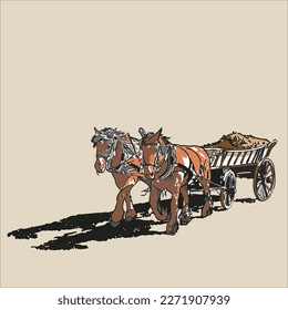 Illustration graphic of 2 horses carrying a cart full of grass.
Suitable design for creative art design, printing picture, logo, t-shirt design, postcard etc