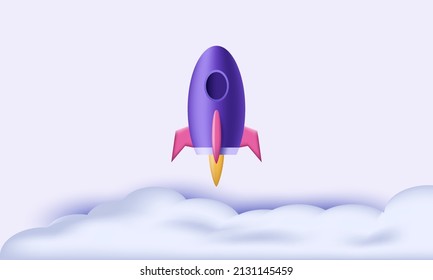 illustration graphic  3d cartoon style minimal spaceship rocket icon with cloud. Toy rocket upswing ,spewing smoke. Startup, space, business concept.with purple color.3d vector illustration