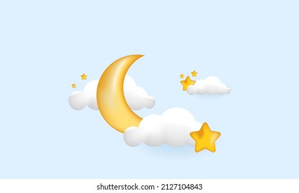 illustration graphic  3d Crescent moon, golden design stars white clouds style isolated on blue background. Dream, lullaby, dreams background design for banner, booklet, poster.3D Vector illustration