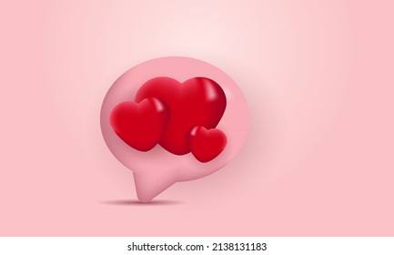 illustration graphic 3d social media notifications icon glossy red on pink background. Glossy pink Speech Bubble with red Heart. Trendy and modern vector in 3d style.